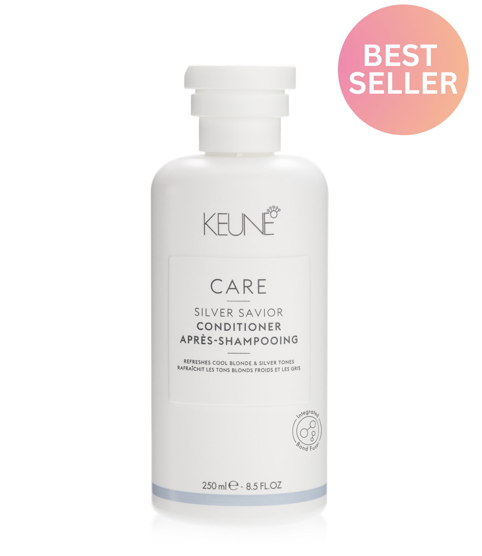 The Care Silver Savior Conditioner contains violet pigments that neutralize copper and warm tones, while Provitamin B keeps the hair smooth and nourished. Available on keune.ch.